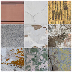 Wall texture set. Rough surfaces of the plastered and colored concrete walls with patterns of cracks and old faded peeling paint. Backgrounds collection for design.