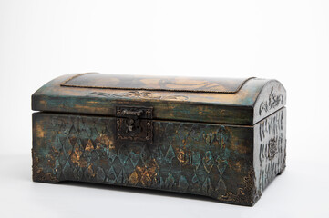 Wooden vintage jewelry box on white background