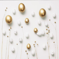 Minimal gold eggs easter concept. Stylish easter golden quail eggs with dried golden flax linum on white background. Flat lay trendy easter. Happy easter card