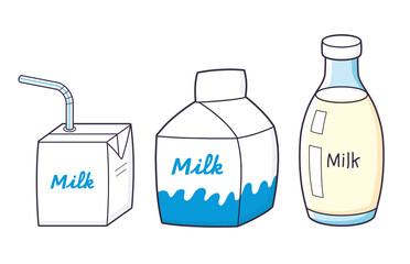 Milk carton, box with straw and bottle isolated.