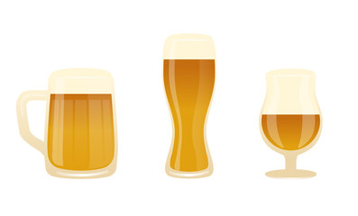 Beer glasses and mug isolated on white background. Set of three objects. Vector