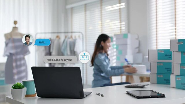 Chatbot conversation on laptop screen app interface with artificial intelligence technology providing virtual robotic assistant customer support and information for small business SME B2C concept.