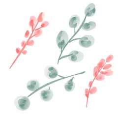 Set of watercolor plants and flowers, illustration design elements isolated on white background. Collection decorative plants for textile, wallpapers, wedding, greeting or invitation card.