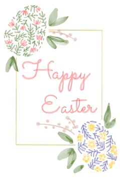Happy Easter. illustrations of watercolor cute bunny, chick, flowers, plants and greeting frame. Pictures for poster, invitation, postcard or background
