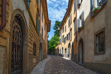 Fototapeta na wymiar View of the old historic streets in Bergamo. Is a city in the alpine Lombardy region of northern Italy.