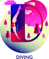 The poster with the diving sport and the letter D. Vector illustration in minimalist style in blue and pink colors