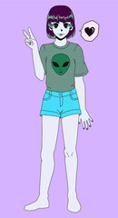 Cartoon grunge anime girl showing victory hand gesture. Stylish trendy female personage in alternative subculture style.