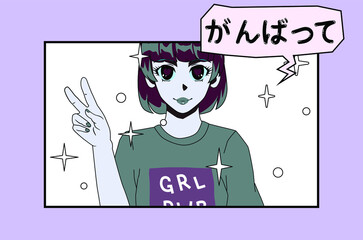Cartoon grunge anime girl showing victory hand gesture. Stylish trendy female personage in alternative subculture style.