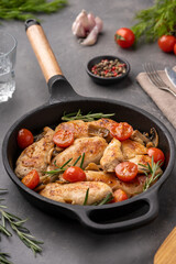 Grilled chicken breast or fillet with tomato on iron pan.