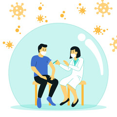 Fototapeta premium Vaccination concept for immune health. Concept of vaccination, the man in a shield protected from the virus is a metaphor for vaccination.