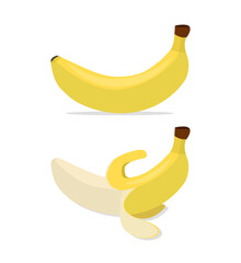 Banana whole and peeled isolated on white background. Flat vector illustration