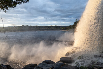 View of waterfalls falling on the lagoon in Canaima National Park (Venezuela).