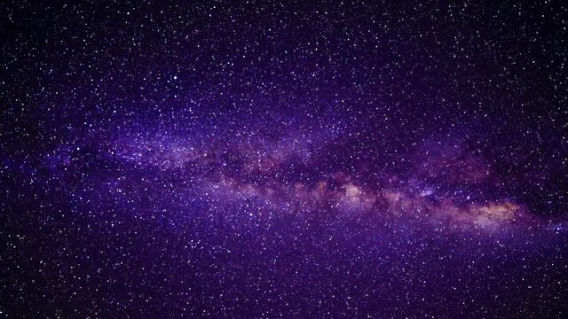 Travel through the starry space inside the purple or violet Andromeda galaxy. View of the cosmos and the milky way. Animation night sky background