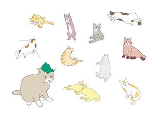 かわいい猫の全身のポーズセット　帽子、欠伸、毛づくろい、睡眠