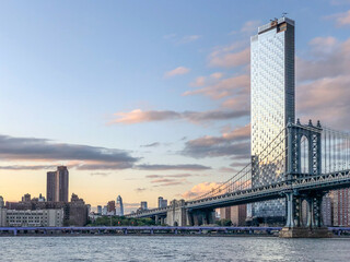 Sunset of New York skyline, Manhattan bridge and One Manhattan Square