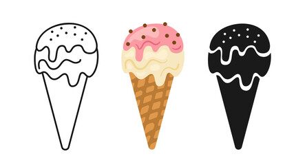 Vanilla Ice Cream melts horn cartoon set, line icon and black glyph style. Kawaii bright summer collection sweet fast food. Comic sketch cone Ice cream. Isolated dessert vector illustration