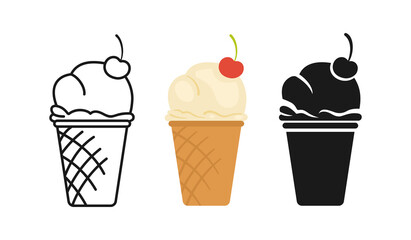 Vanilla Ice Cream in Waffle Cup with Cherries cartoon set, line icon and black glyph style. Hand drawn sketch Ice cream. Bright summer collection sweet food. Isolated cute dessert vector illustration