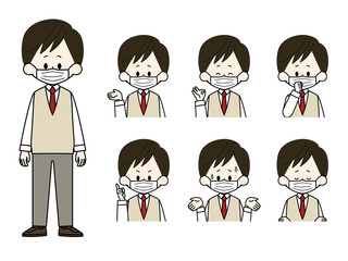 マスクをしている男子学生の表情セット