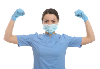 Doctor with protective mask showing muscles on white background. Strong immunity concept