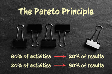 Flat lay composition with paper clips on black slate background. Pareto principle concept