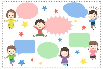 笑顔の子供たちと吹き出し　セット　主線なし