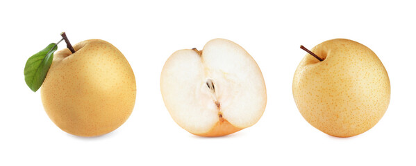 Set with fresh ripe apple pears on white background, banner design