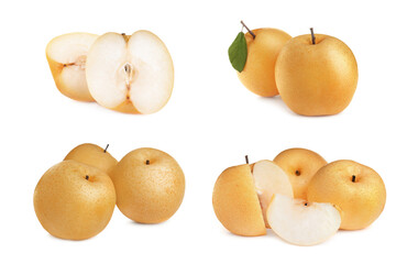 Naklejka na ściany i meble Set with fresh ripe apple pears on white background