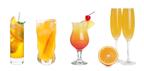 Set with delicious Mimosa cocktails on white background, banner design