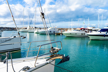 The harbor and the Marina of San Vincenzo with moored boats in San Vincenzo, province of Livorno, Tuscany region, Italy