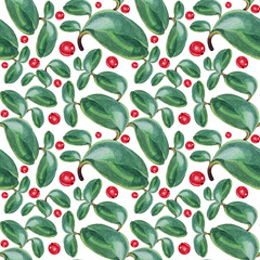 Seamless pattern watercolor green blue succulent leaves and red berry isolated on white background. Art creative object for florist, card, wallpaper, wrapping, sticker, postcard