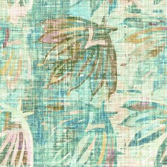 Rustic mottled linen woven texture. Seamless printed fabric pattern. Tropical pastel coastal style. Interior textile background. Mottled colorful peach green dye stains. Soft rustic summer home decor
