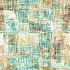 Rustic mottled linen woven texture. Seamless printed fabric pattern. Tropical pastel coastal style. Interior textile background. Mottled colorful peach green dye stains. Soft rustic summer home decor
