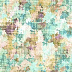 Rustic mottled linen woven texture. Seamless printed fabric pattern. Tropical pastel coastal style. Interior textile background. Mottled colorful peach green dye stains. Soft rustic summer home decor
