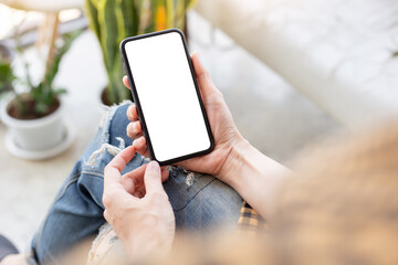 cell phone blank white screen mockup.woman hand holding texting using mobile on desk at office.background empty space for advertise.work people contact marketing business,technology