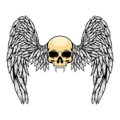Fototapeta premium The hand draw of the dead skull human with the sharp fangs and wings