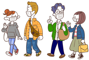 マスクを着用して会話しながら歩く若者たち
