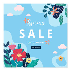 Fototapeta na wymiar Spring sale banner and social media post template. Vector flat design with flowers.