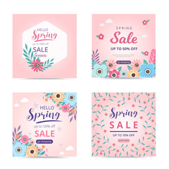 Collection spring sale template with blossom flowers beautiful. Sale banner. Spring sale social media post.