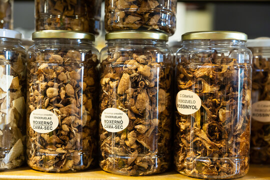 Dried red and black chanterelles, champignons, fairy-ring mushrooms in jars at grocery store counter
