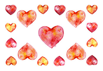 Heart pattern on a white background. Pink hearts painted in watercolor.