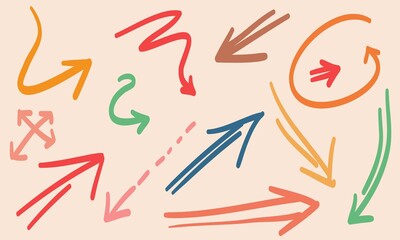 Various Doodle Arrows colorful with direction pointers Shapes and Objects. hand drawn vector illustration