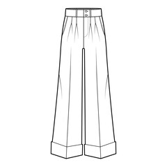 Pants oxford tailored technical fashion illustration with low waist, rise, full length, double pleat, slant slashed jetted pockets. Flat trousers apparel template front, white color. Women men CAD