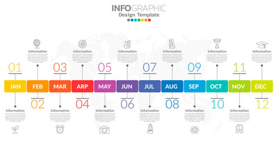 Timeline infographic template with 12 label, 12 months 1 year with steps and options. - obrazy, fototapety, plakaty