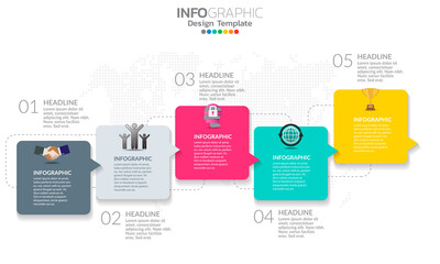Timeline infographic template with arrows and 5 options flat design