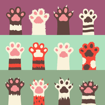 Cats paw icon set, kitten paws, pet shop logo. Isolated on background. simple cartoon flat style, vector illustration.