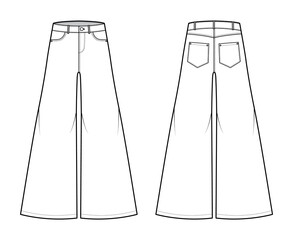 Jeans Baggy wide Pants Denim technical fashion illustration with full length, low waist, rise, 5 pockets, Rivets, belt loops. Flat bottom template front, back white color style. Women, men, CAD mockup