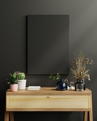 Mockup frame on cabinet in living room interior on empty dark wall background.
