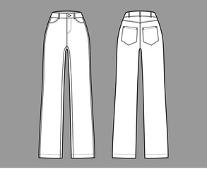 Straight Jeans Denim pants technical fashion illustration with full length, normal waist, high rise, 5 pockets, Rivets. Flat bottom template front, back, white color style. Women men unisex CAD mockup
