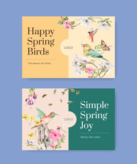 Facebook template with spring and bird concept design for social media and community watercolor illustration