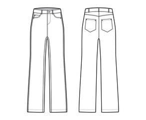 Jeans Denim pants technical fashion illustration with full length, low waist, rise, 5 pockets, belt loops. Flat bottom apparel template front, back, white color style. Women, men, unisex CAD mockup